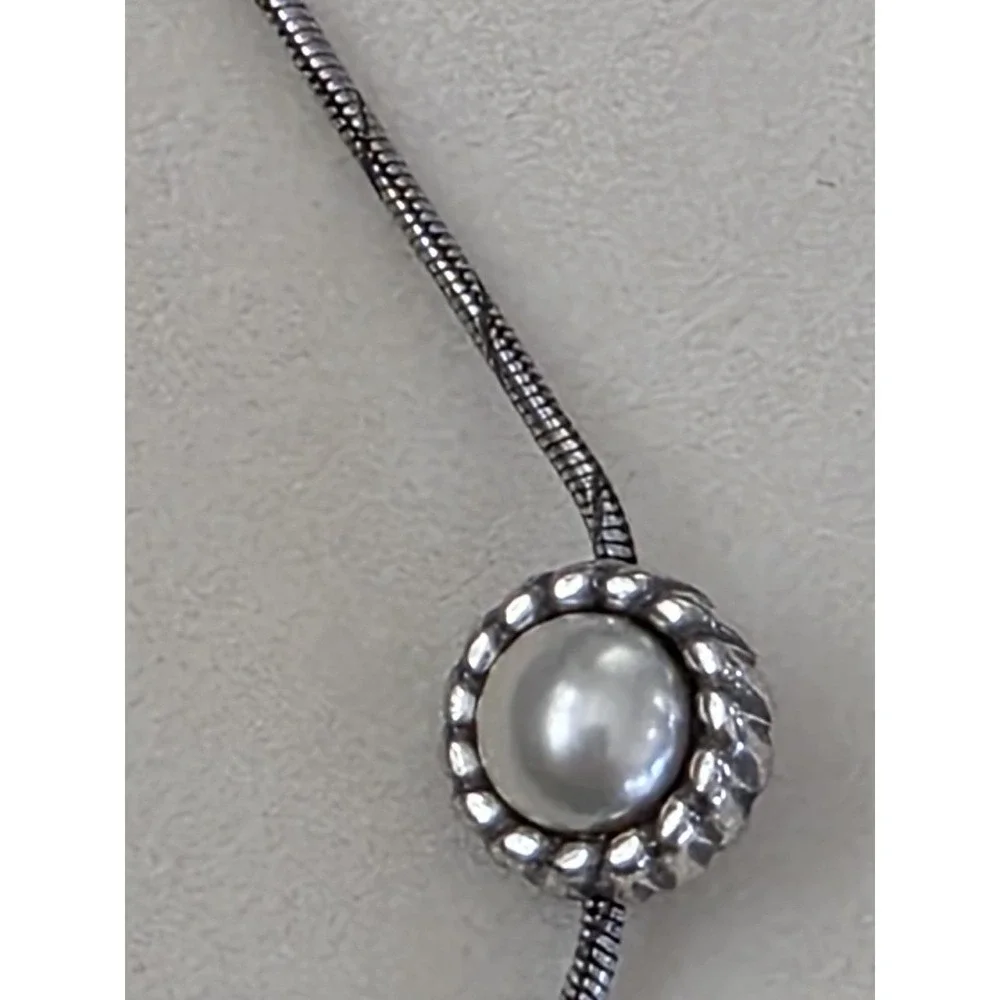 Vtg BRIGHTON Signed Faux Pearl Station Necklace Reversible Snake Chain 40